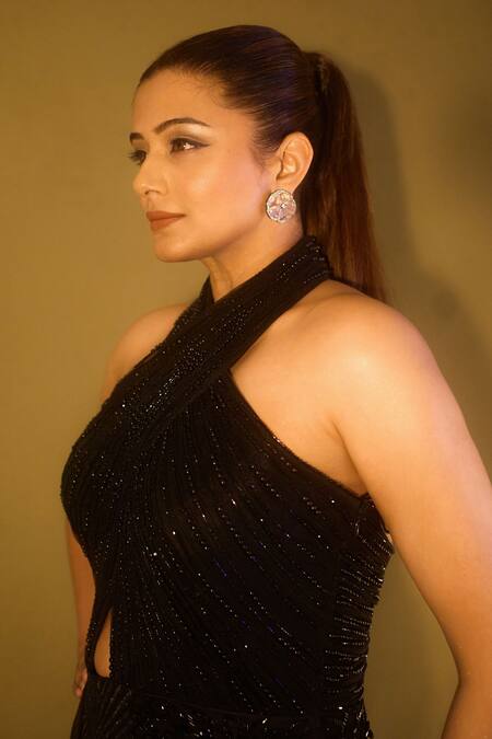 Shop_Babita Malkani_Black Tulle Beads, Crystals, Cut Work Halter Neck Embellished Gown _Online_at_Aza_Fashions