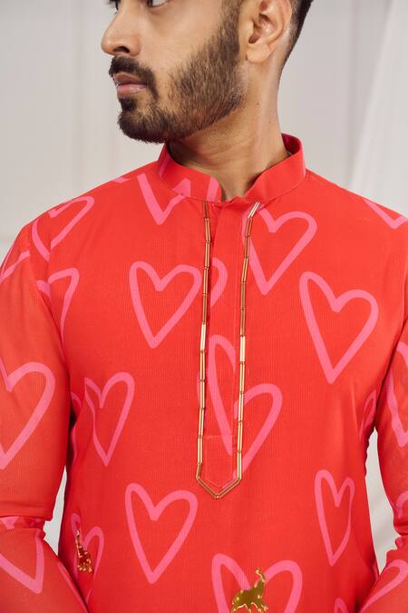 Shop_Harshita Singhvi_Red Georgette Embroidery Heart Print Designer Kurta _Online_at_Aza_Fashions