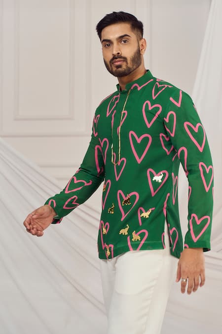 Buy_Harshita Singhvi_Green Georgette, Linen Embroidery Heart Print Elephant Embellished Kurta _Online_at_Aza_Fashions
