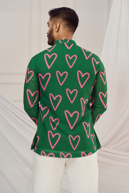 Shop_Harshita Singhvi_Green Georgette, Linen Embroidery Heart Print Elephant Embellished Kurta _Online_at_Aza_Fashions