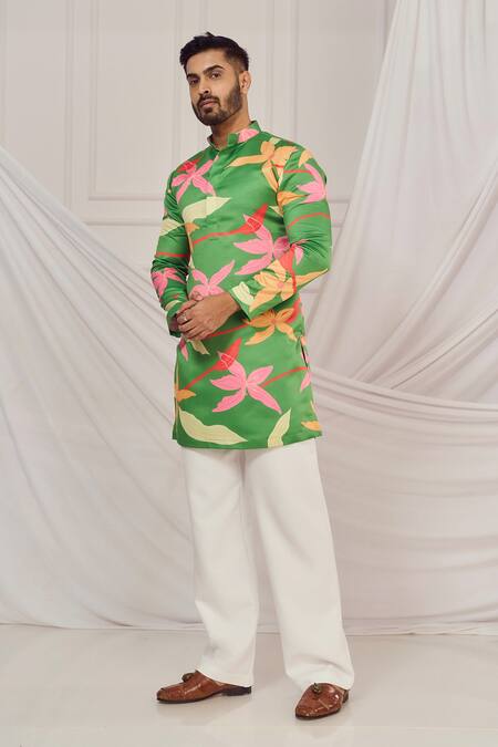Harshita Singhvi_Green Satin, Silk Floral Print Mandarin Collar Kurta _Online_at_Aza_Fashions