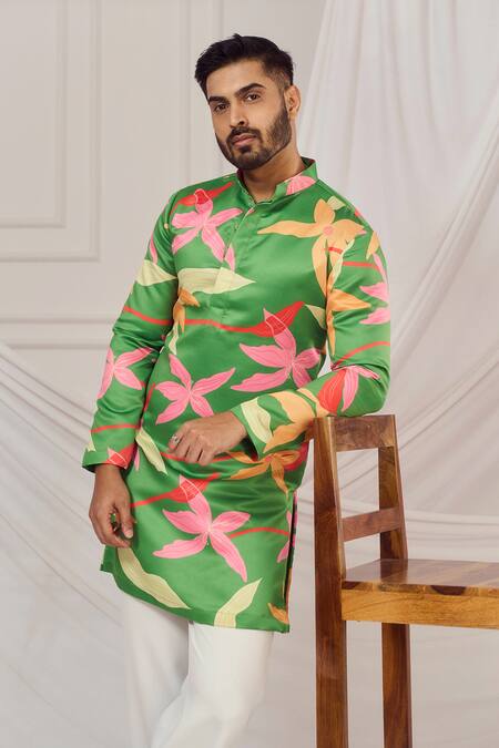 Shop_Harshita Singhvi_Green Satin, Silk Floral Print Mandarin Collar Kurta _Online_at_Aza_Fashions