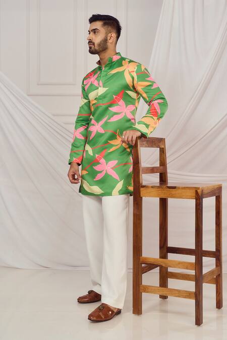 Harshita Singhvi_Green Satin, Silk Floral Print Mandarin Collar Kurta _at_Aza_Fashions