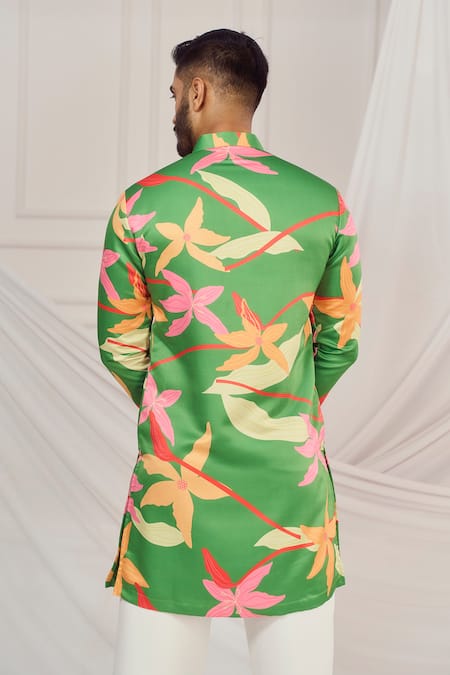 Buy_Harshita Singhvi_Green Satin, Silk Floral Print Mandarin Collar Kurta 
