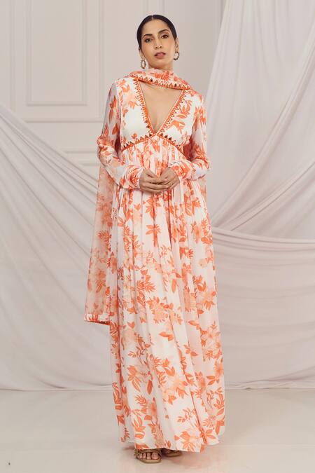 Harshita Singhvi_White Georgette, Satin, Organza Embroidery, Mirrors, Floral Print Anarkali Set _Online_at_Aza_Fashions