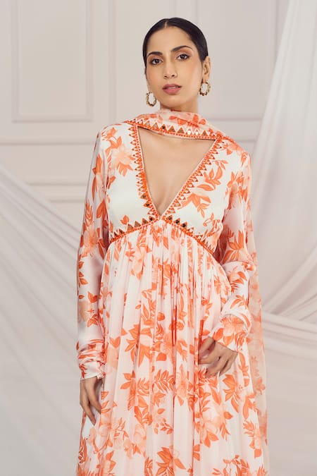 Buy_Harshita Singhvi_White Georgette, Satin, Organza Embroidery, Mirrors, Floral Print Anarkali Set _Online_at_Aza_Fashions