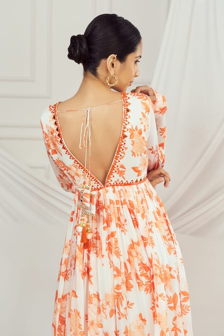 Shop_Harshita Singhvi_White Georgette, Satin, Organza Embroidery, Mirrors, Floral Print Anarkali Set _Online_at_Aza_Fashions