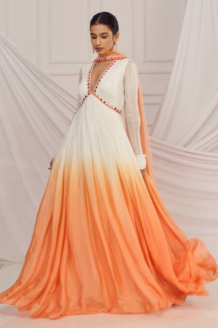 Harshita Singhvi_White Chiffon, Organza, Crepe Mirrors, Beads, Embroidery Ombre Anarkali Set _Online_at_Aza_Fashions