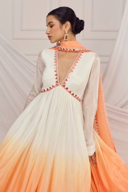 Buy_Harshita Singhvi_White Chiffon, Organza, Crepe Mirrors, Beads, Embroidery Ombre Anarkali Set _Online_at_Aza_Fashions