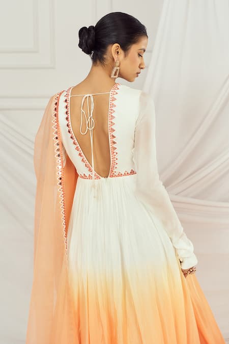 Shop_Harshita Singhvi_White Chiffon, Organza, Crepe Mirrors, Beads, Embroidery Ombre Anarkali Set _Online_at_Aza_Fashions