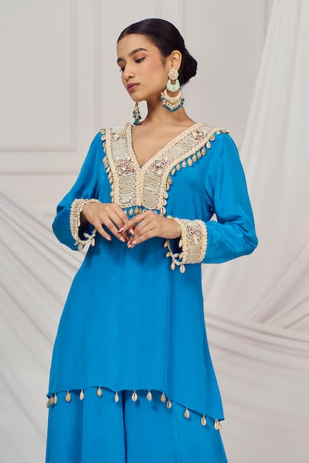 Buy_Harshita Singhvi_Blue Crepe Pearls, Sequins, Beads V-neck Teal Shell Embroidered Kurta Set _Online_at_Aza_Fashions