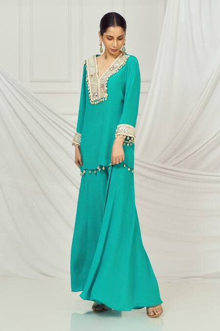 Harshita Singhvi_Green Crepe Pearls, Sequins, Beads V-neck Embroidered Kurta And Palazzo Set _Online_at_Aza_Fashions