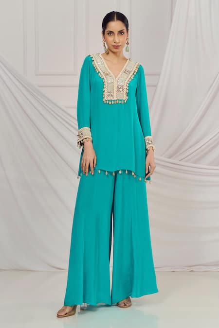 Shop_Harshita Singhvi_Green Crepe Pearls, Sequins, Beads V-neck Embroidered Kurta And Palazzo Set _Online_at_Aza_Fashions