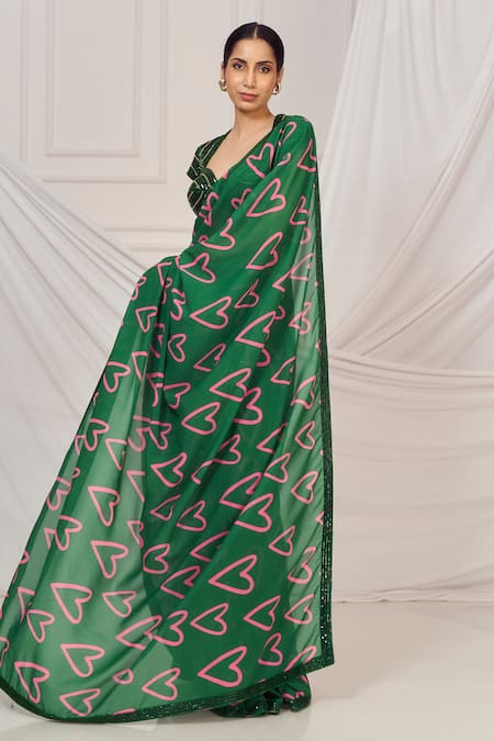 Harshita Singhvi_Green Silk, Georgette Sequins, Cut Work Heart Print Saree With Blouse _Online_at_Aza_Fashions