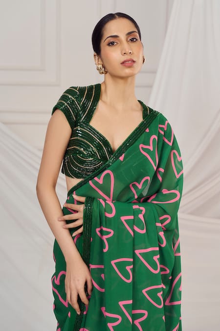 Buy_Harshita Singhvi_Green Silk, Georgette Sequins, Cut Work Heart Print Saree With Blouse _Online_at_Aza_Fashions