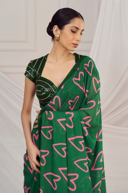 Shop_Harshita Singhvi_Green Silk, Georgette Sequins, Cut Work Heart Print Saree With Blouse _Online_at_Aza_Fashions