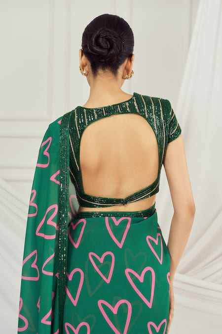 Harshita Singhvi_Green Silk, Georgette Sequins, Cut Work Heart Print Saree With Blouse _at_Aza_Fashions