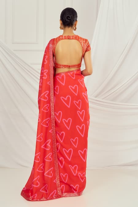 Harshita Singhvi Heart Print Georgette Saree With Embroidered Blouse 