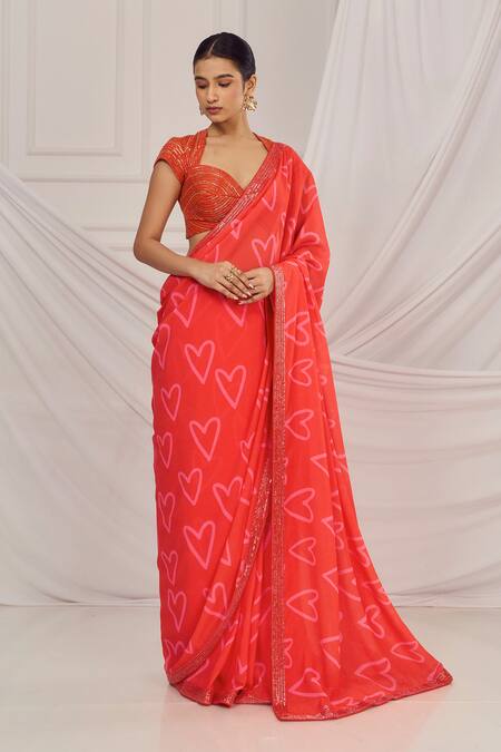 Harshita Singhvi_Red Silk, Georgette, Crepe Sequins, Heart Print Saree With Embroidered Blouse _Online_at_Aza_Fashions