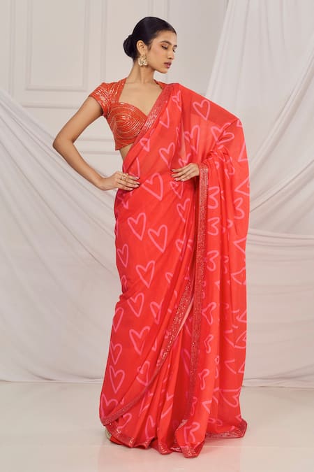 Buy_Harshita Singhvi_Red Silk, Georgette, Crepe Sequins, Heart Print Saree With Embroidered Blouse _Online_at_Aza_Fashions