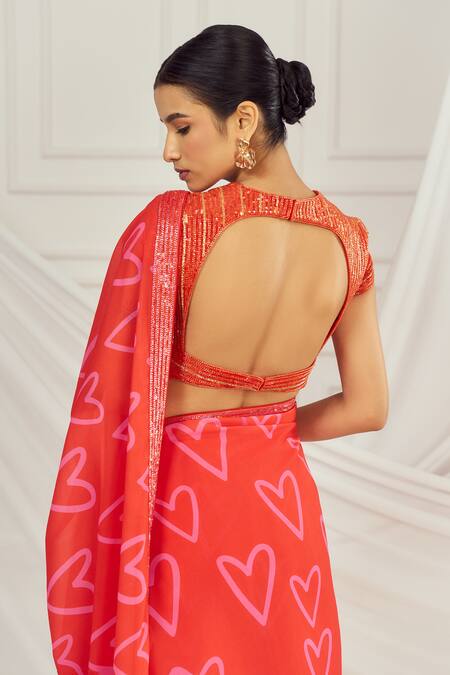 Harshita Singhvi_Red Silk, Georgette, Crepe Sequins, Heart Print Saree With Embroidered Blouse _at_Aza_Fashions