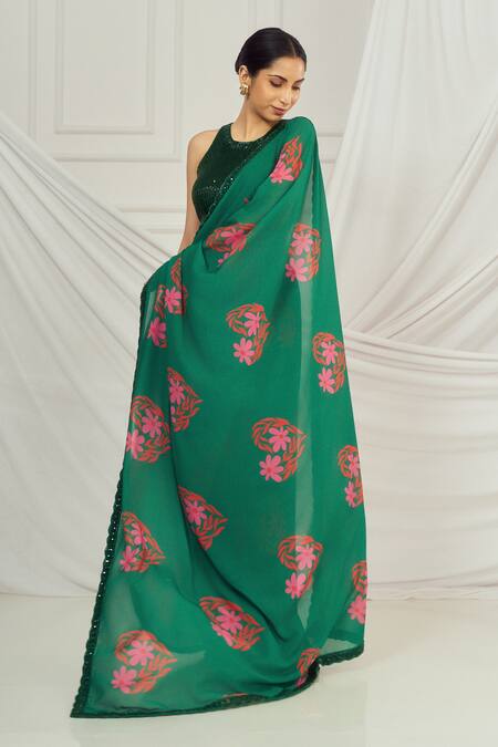 Harshita Singhvi_Green Silk, Georgette, Crepe Cut Work, Sequins, Floral Heart Print Saree Set _Online_at_Aza_Fashions