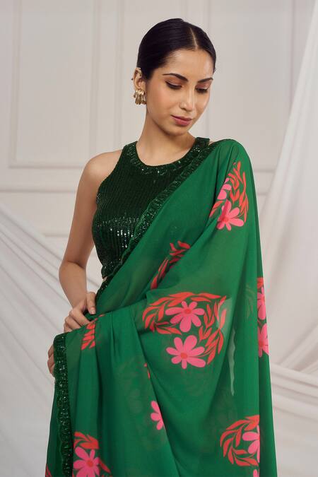 Buy_Harshita Singhvi_Green Silk, Georgette, Crepe Cut Work, Sequins, Floral Heart Print Saree Set _Online_at_Aza_Fashions