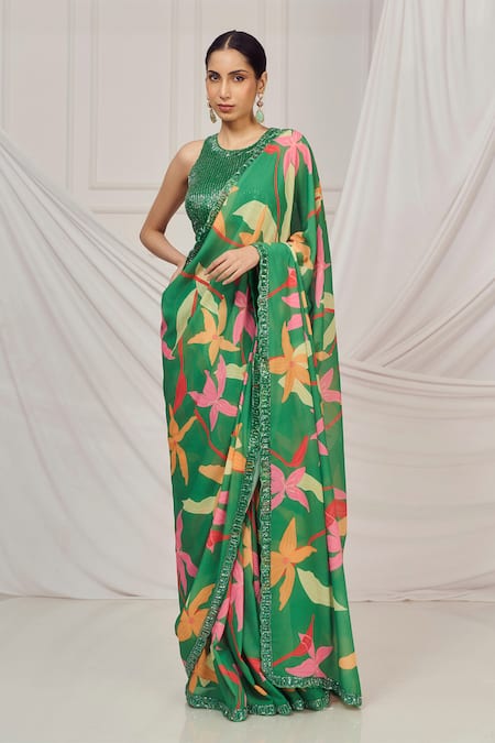 Harshita Singhvi Green Silk, Georgette, Crepe Sequins, Cut Work, Floral Print Saree Set Online at Aza Fashions Harshita Singhvi_Green Silk, Georgette, Crepe Sequins, Cut Work, Floral Print Saree Set _Online_at_Aza_Fashions
