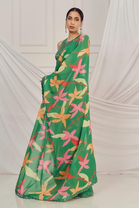 Buy Harshita Singhvi Green Silk, Georgette, Crepe Sequins, Cut Work, Floral Print Saree Set Online at Aza Fashions Buy_Harshita Singhvi_Green Silk, Georgette, Crepe Sequins, Cut Work, Floral Print Saree Set _Online_at_Aza_Fashions