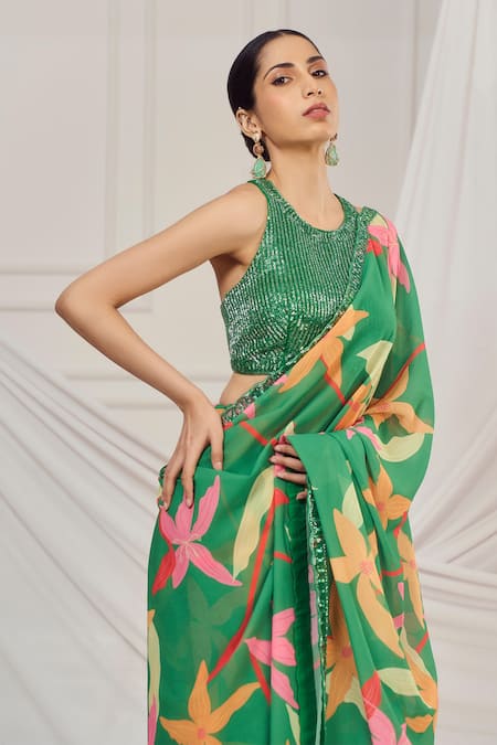 Shop Harshita Singhvi Green Silk, Georgette, Crepe Sequins, Cut Work, Floral Print Saree Set Online at Aza Fashions Shop_Harshita Singhvi_Green Silk, Georgette, Crepe Sequins, Cut Work, Floral Print Saree Set _Online_at_Aza_Fashions