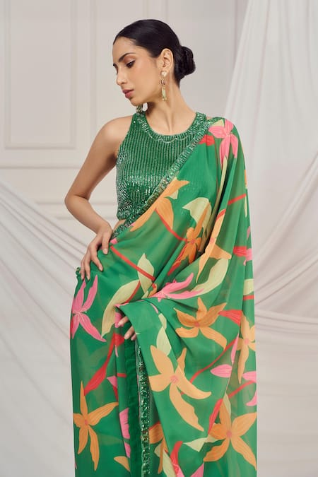 Harshita Singhvi Green Silk, Georgette, Crepe Sequins, Cut Work, Floral Print Saree Set at Aza Fashions Harshita Singhvi_Green Silk, Georgette, Crepe Sequins, Cut Work, Floral Print Saree Set _at_Aza_Fashions