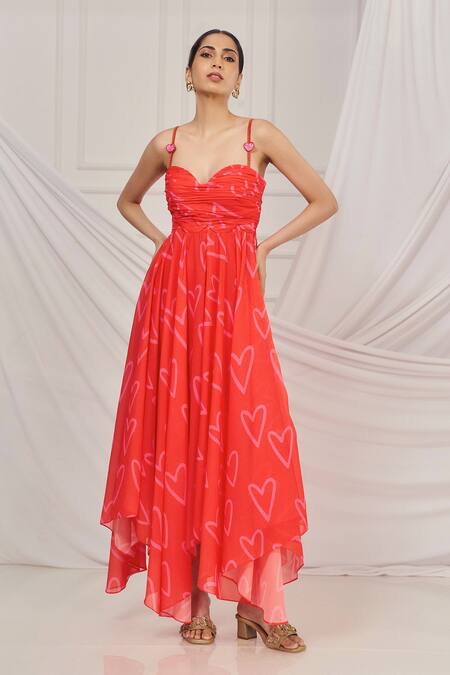 Harshita Singhvi_Red Georgette, Linen Cut Work Sweetheart Neck Heart Print Asymmetric Dress _Online_at_Aza_Fashions