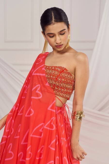 Harshita Singhvi_Red Silk, Georgette Cut Work, Beads Sweetheart Heart Print Lehenga And Cape Set _Online_at_Aza_Fashions