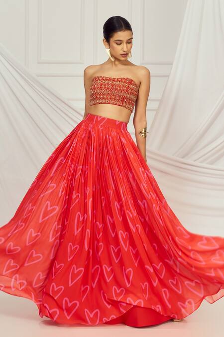 Buy_Harshita Singhvi_Red Silk, Georgette Cut Work, Beads Sweetheart Heart Print Lehenga And Cape Set _Online_at_Aza_Fashions