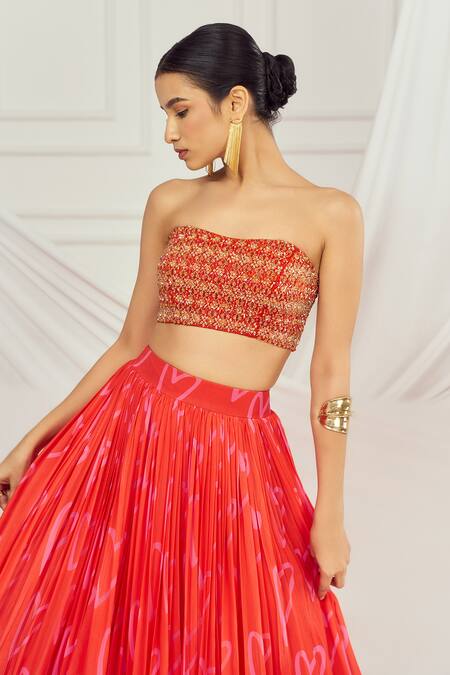 Harshita Singhvi_Red Silk, Georgette Cut Work, Beads Sweetheart Heart Print Lehenga And Cape Set _at_Aza_Fashions