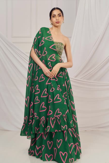 Harshita Singhvi Heart Print Pleated Lehenga & Cape Set 