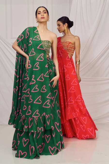 Harshita Singhvi_Green Silk, Georgette Crystals, Beads, Heart Print Pleated Lehenga And Cape Set _Online_at_Aza_Fashions