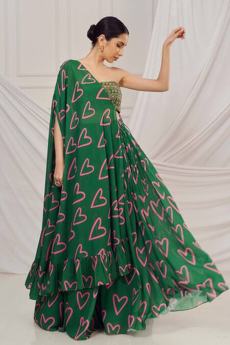Buy_Harshita Singhvi_Green Silk, Georgette Crystals, Beads, Heart Print Pleated Lehenga And Cape Set _Online_at_Aza_Fashions