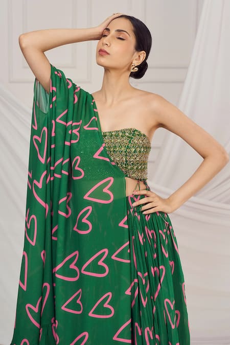 Shop_Harshita Singhvi_Green Silk, Georgette Crystals, Beads, Heart Print Pleated Lehenga And Cape Set _Online_at_Aza_Fashions