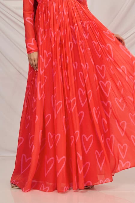 Harshita Singhvi_Red Georgette, Crepe, Cotton Cut Work, Heart Print Anarkali Set With Dupatta _Online_at_Aza_Fashions