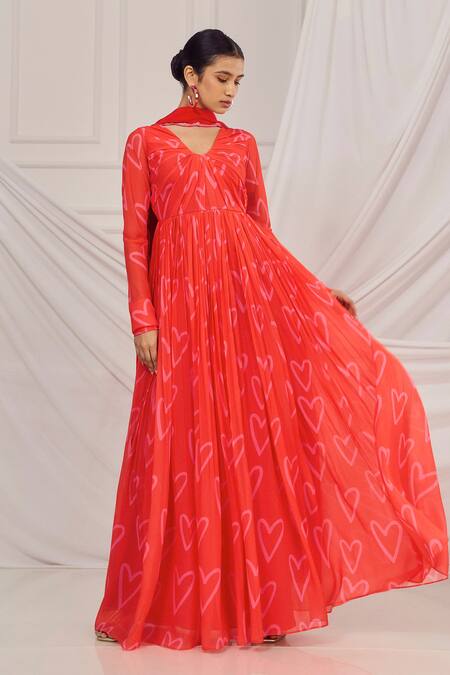 Buy_Harshita Singhvi_Red Georgette, Crepe, Cotton Cut Work, Heart Print Anarkali Set With Dupatta _Online_at_Aza_Fashions