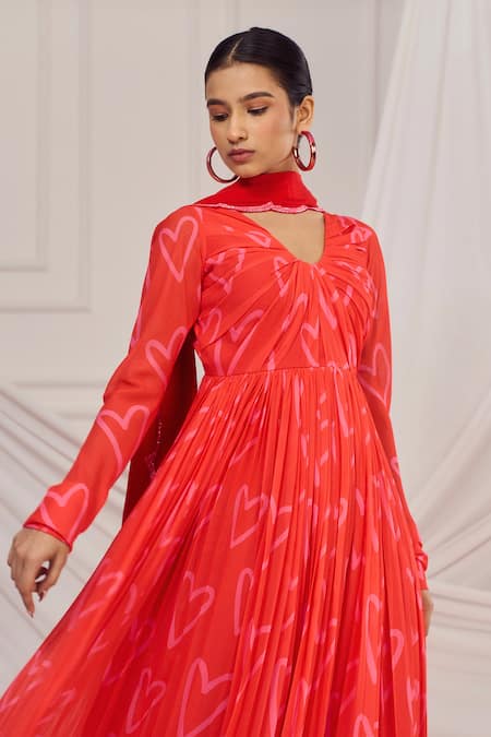 Shop_Harshita Singhvi_Red Georgette, Crepe, Cotton Cut Work, Heart Print Anarkali Set With Dupatta _Online_at_Aza_Fashions