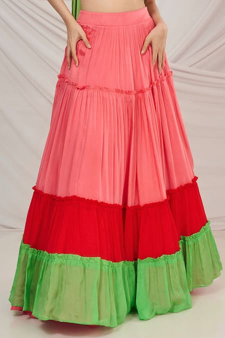 Harshita Singhvi_Multi Color Crepe Sequins, Cut Work Sweetheart Colorblocked Tiered Lehenga Set _Online_at_Aza_Fashions