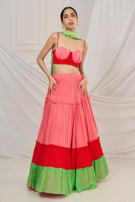 Buy_Harshita Singhvi_Multi Color Crepe Sequins, Cut Work Sweetheart Colorblocked Tiered Lehenga Set _Online_at_Aza_Fashions