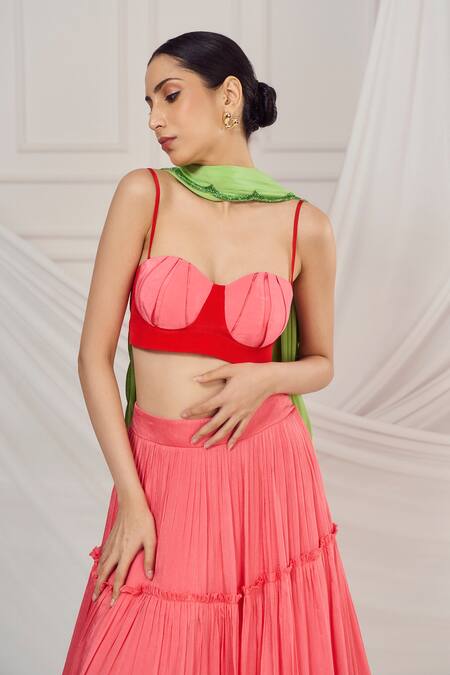 Shop_Harshita Singhvi_Multi Color Crepe Sequins, Cut Work Sweetheart Colorblocked Tiered Lehenga Set _Online_at_Aza_Fashions