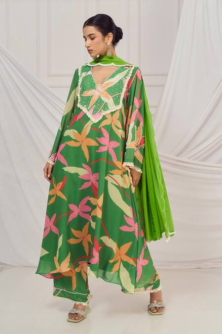 Buy_Harshita Singhvi_Green Georgette, Crepe Cut Work, Sequins, Floral Print Kaftan Kurta Set _Online_at_Aza_Fashions