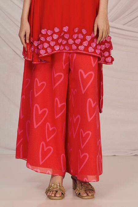 Harshita Singhvi_Red Crepe, Georgette Cut Work, Sequins 3d Heart Embroidered Kurta Palazzo Set _Online_at_Aza_Fashions