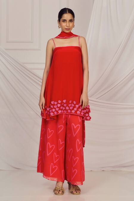 Buy_Harshita Singhvi_Red Crepe, Georgette Cut Work, Sequins 3d Heart Embroidered Kurta Palazzo Set _Online_at_Aza_Fashions