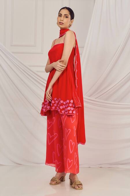 Shop_Harshita Singhvi_Red Crepe, Georgette Cut Work, Sequins 3d Heart Embroidered Kurta Palazzo Set _Online_at_Aza_Fashions
