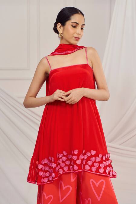 Harshita Singhvi_Red Crepe, Georgette Cut Work, Sequins 3d Heart Embroidered Kurta Palazzo Set _at_Aza_Fashions